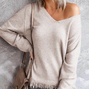 Women's Solid Color V-neck Tassel Long Sleeve Sweater